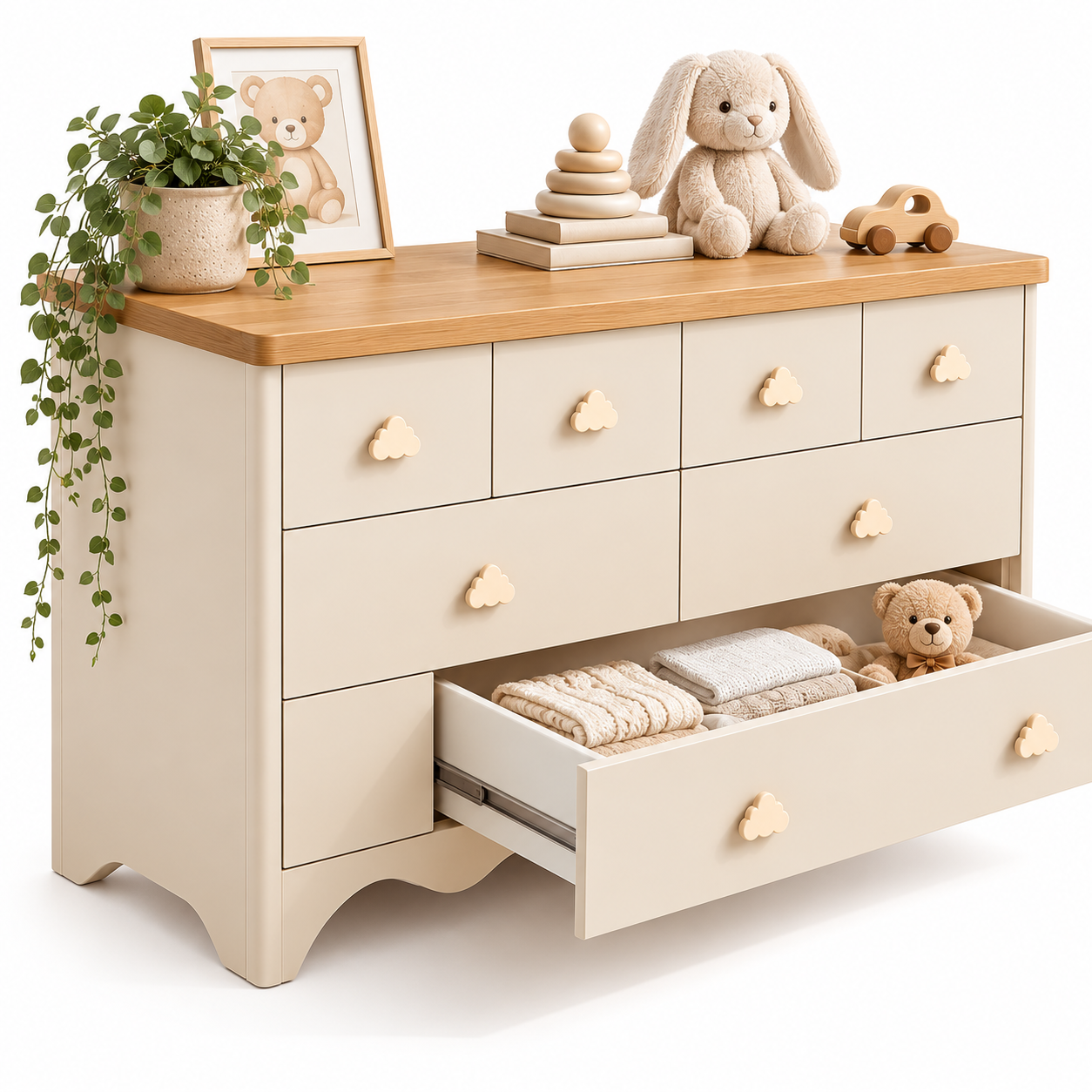 KOMODA DZIECIĘCA BABYMOON 140 CM, 8 SZUFLAD, KREMOWA, DREWNIANY BLAT